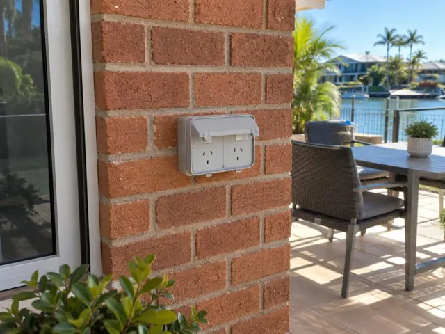 Outdoor double power point on a brick patio wall beside a sliding door in Broadbeach Waters